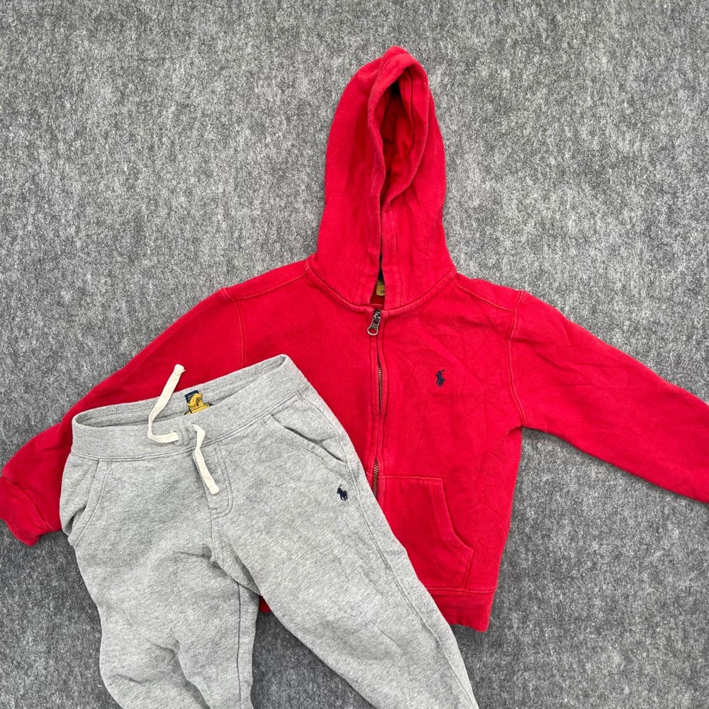 Polo Ralph Lauren Hoodie Boys Red Zip and Gray Joggers Tracksuit Set Size 6